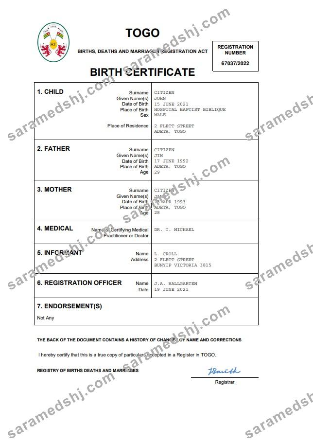 Togo vital record birth certificate Word and PDF template